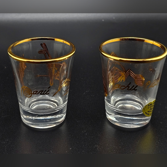 Machu Picchu Shot Glasses Liquor Glass Set Of 3 Peru 14K Gold Plated Print llama - Picture 7 of 10